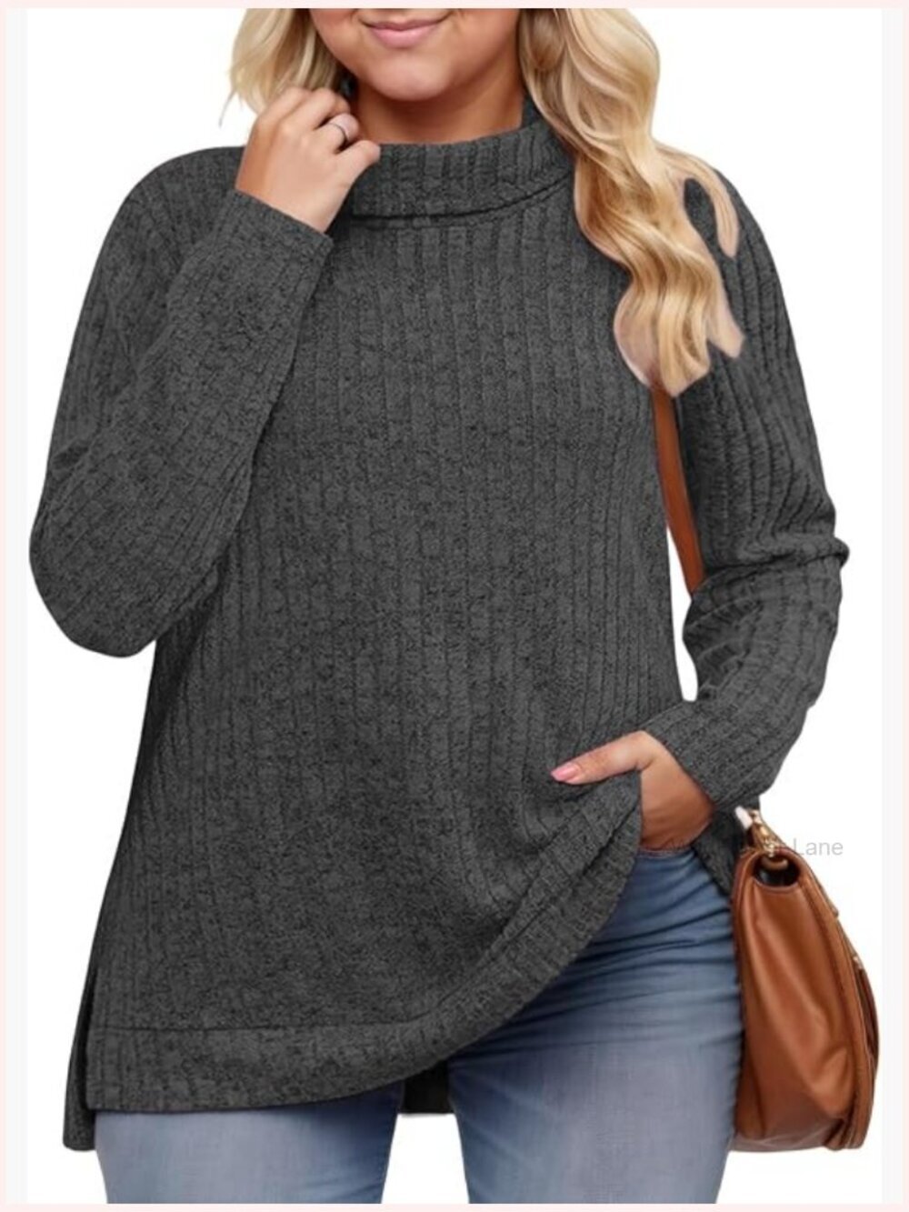 Plus Size Turtleneck Lightweight Sweater Womens Tunic Side Split Long Sleeve